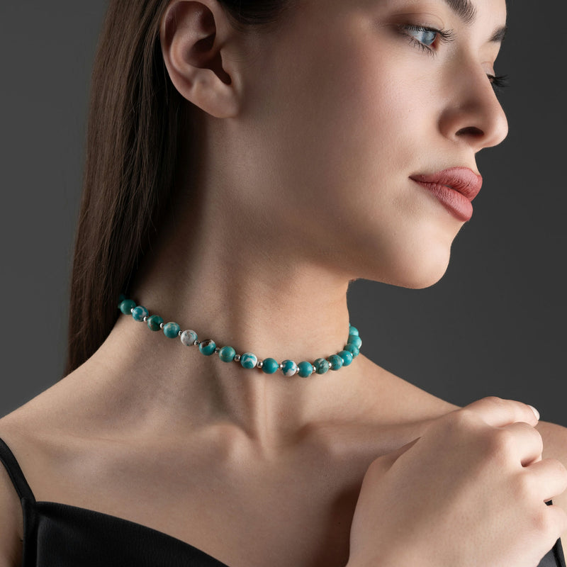 Doğal Turkuaz Taşlı 925 Ayar Gümüş Choker Kolye